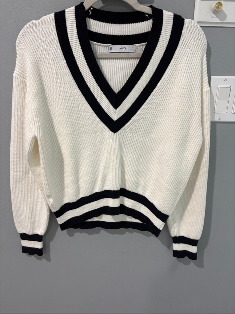 Mango Cream V‑Neck Sweater with Black Stripe Trim